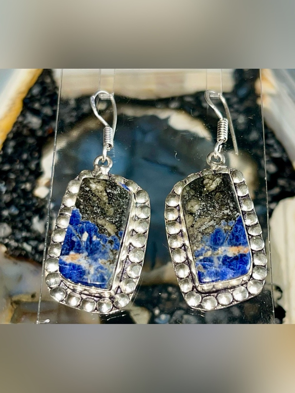 Navy Sodalite with Pyrite Earrings 2” - Picture 3 of 15